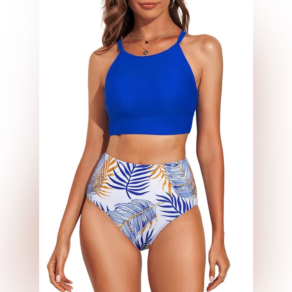 Women's Bikini Sets High Neck Tropical Leaf Print High Waisted